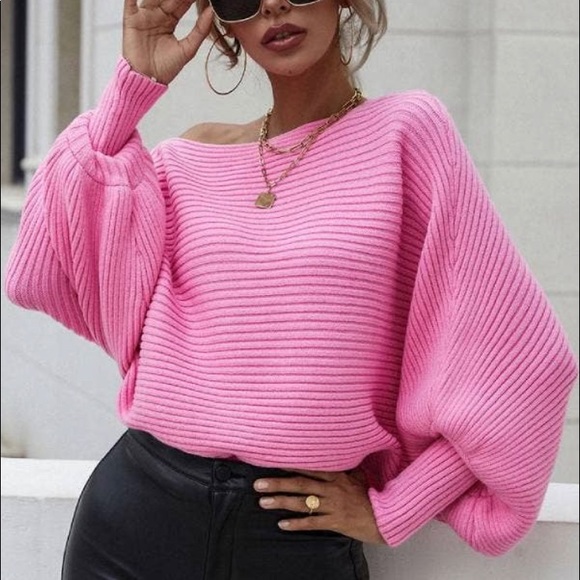 Hot Pink Cozy Long Sleeve Bateau Neck Sweater